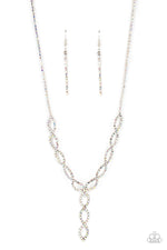 Load image into Gallery viewer, Gorgeous necklace featuring iridescent rhinestones in infinity shapes.  A braided array of iridescent gems intertwine and cascade in a stunning Y design along the neckline. Features an adjustable clasp closure.
