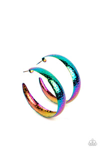 Paparazzi Accessories Futuristic Flavor - Multi Oil Spill Hoop Earrings - September 2022 LOP a radiating with hammered detail, an oil-spill finished hoop curls around the ear for a look ahead of its time. Earring attaches to a standard post fitting. Hoop measures approximately 1.75" in diameter.
