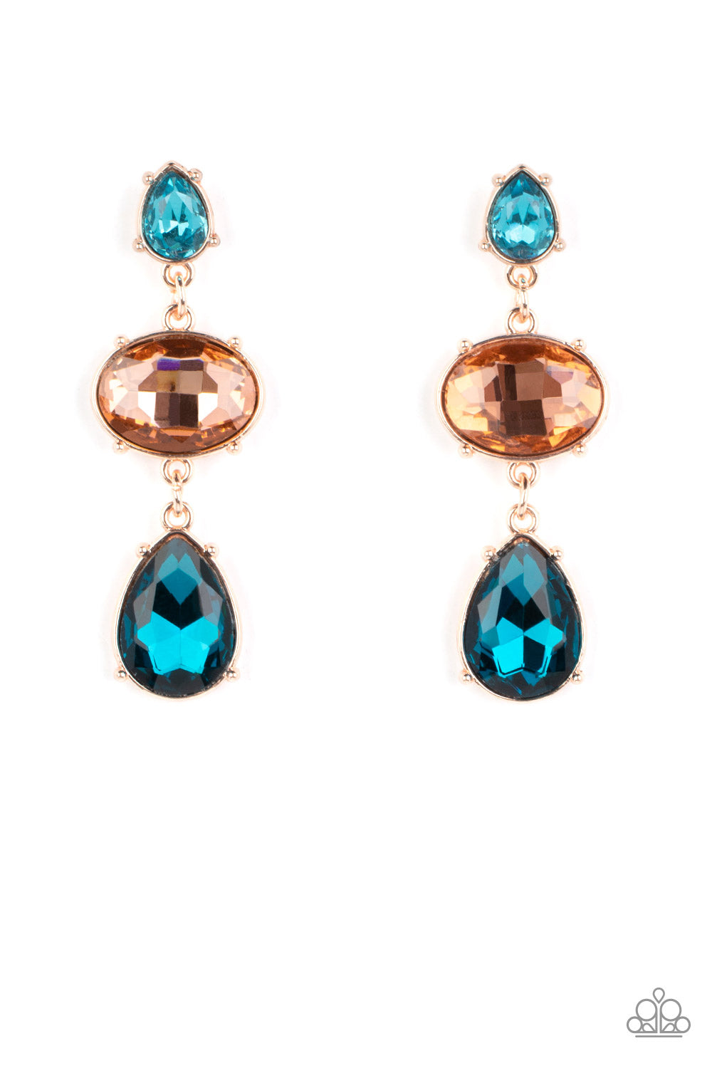 Paparazzi Accessories - Royal Appeal Multi Earrings - September 2022 LOP a small, light blue, teardrop-shaped gem gives way to a peachy oval-shaped rhinestone tilted on its side. A large, deep blue teardrop swings from the oval above, adding dramatic movement to the colorful display. Each faceted gem is set in pronged rose gold fittings, exaggerating their sparkle as they swing from the ear in a lustrous finish.