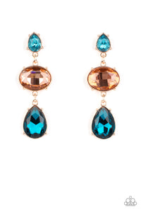 Paparazzi Accessories - Royal Appeal Multi Earrings - September 2022 LOP a small, light blue, teardrop-shaped gem gives way to a peachy oval-shaped rhinestone tilted on its side. A large, deep blue teardrop swings from the oval above, adding dramatic movement to the colorful display. Each faceted gem is set in pronged rose gold fittings, exaggerating their sparkle as they swing from the ear in a lustrous finish.