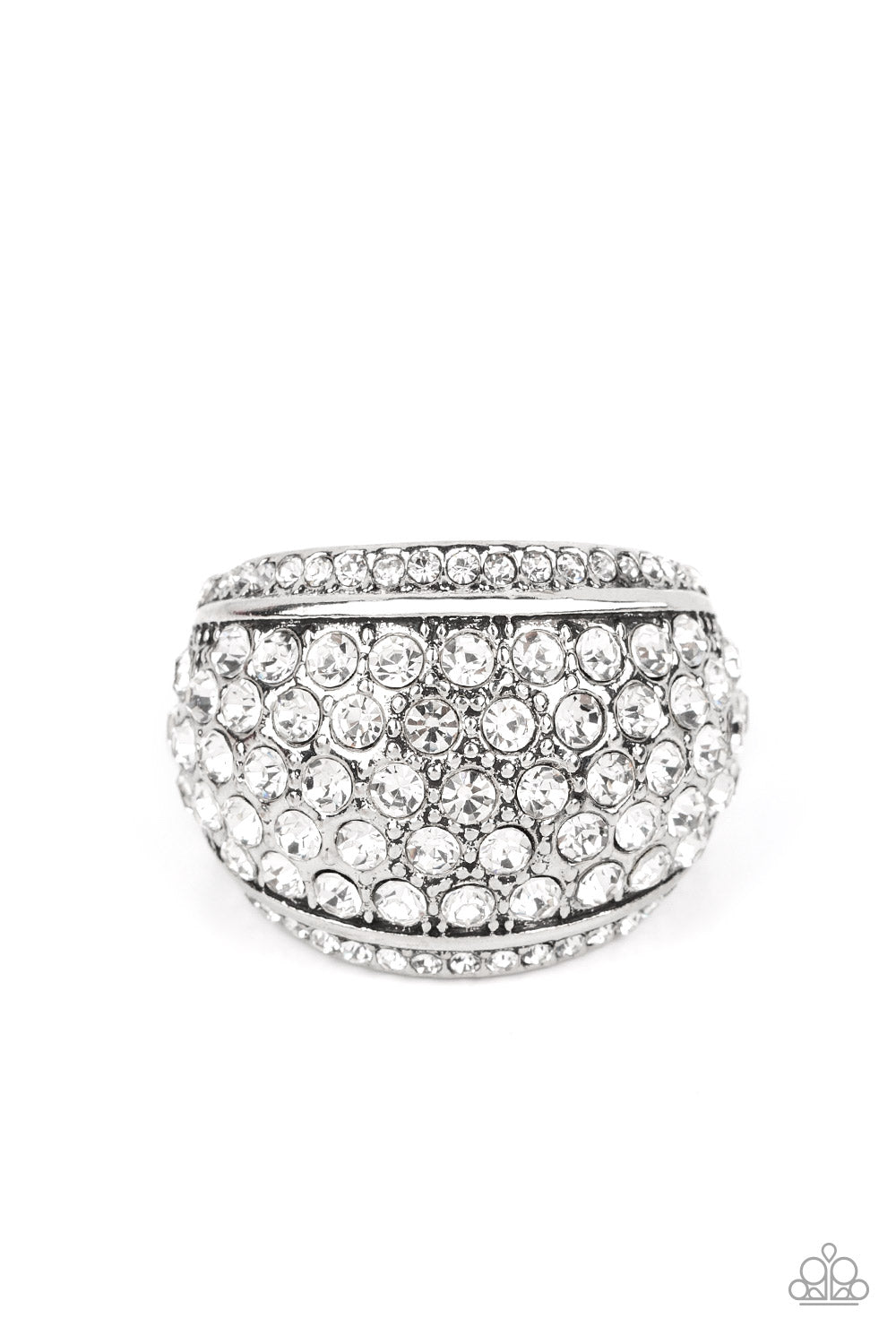 A thick band of silver arcs across the top of the finger, creating an exaggerated rounded frame. Countless tiny white rhinestones scatter across the surface, as straight lines of even more rhinestones line the outer edges in a blinding finish. Features a stretchy band for a flexible fit.